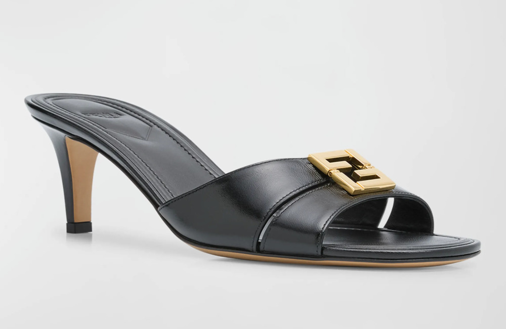 Fendi Fold Slide Black Leather Gold FF Logo Mule Kitten Heel Pump Sandals 36.5